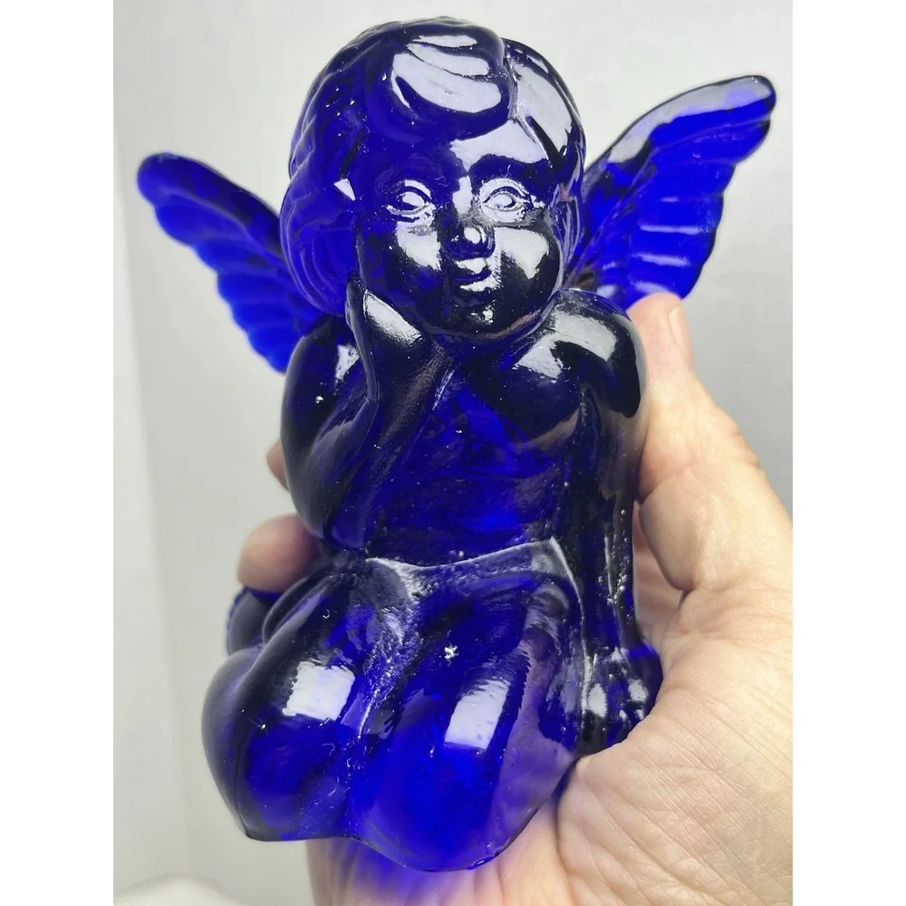 Vintage Cobalt Blue Glass Sitting Cherub Taper Candlestick Holders Set of 6